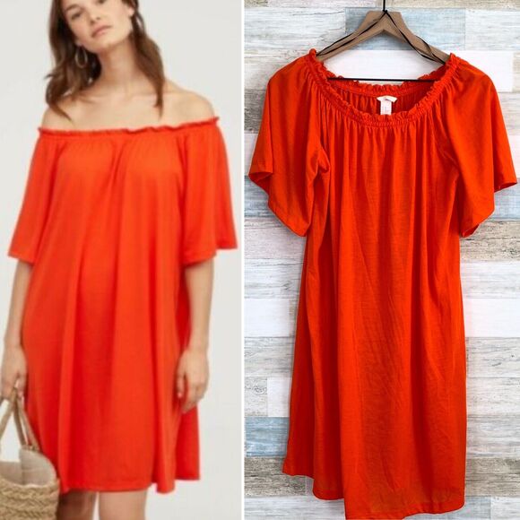 H&M Conscious Bardot Swing Dress Orange Off Shoulder Jersey Knit Womens XS - Picture 1 of 9